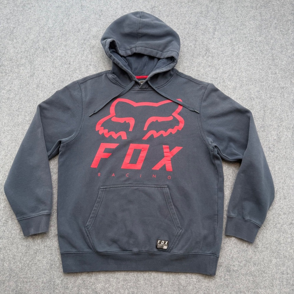 Fox Racing Mens Hoodie Large Gray Red Graphic Logo Pullover Sweatshirt L